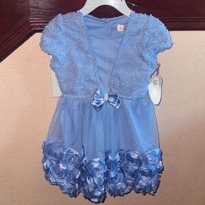 Nannette Blue Rose Formal Kids Dress with Bow and Built on Cardigan NWT 4T NEW